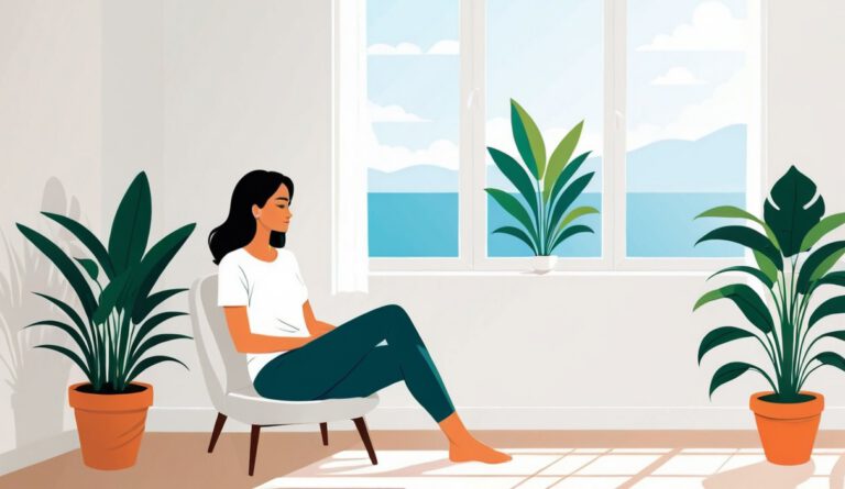 A calm, inviting illustration of woman sitting comfortably, near a window and plant, looking relaxed after meditation.