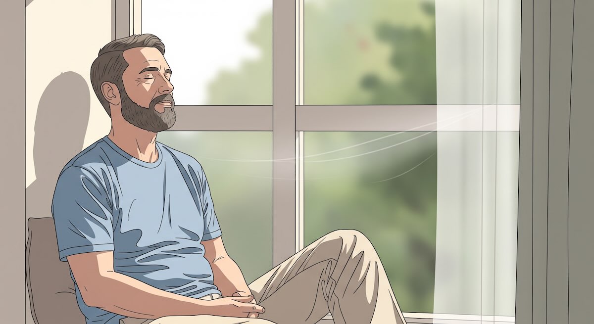 Calm male person seating near the window meditating to overcome anxiety.