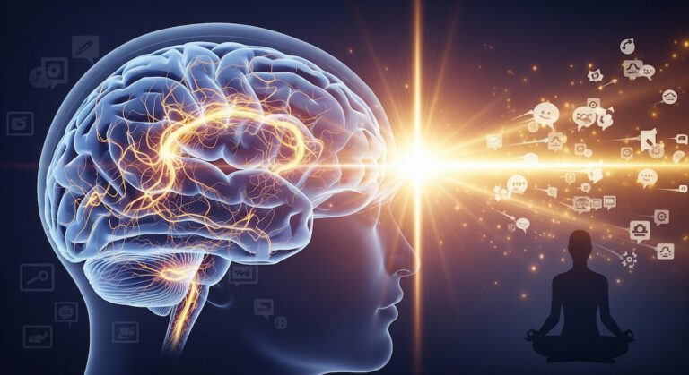 Human brain with glowing Neural connections, transforming into a bright beam of focused light, illustrating how meditation helps focus.