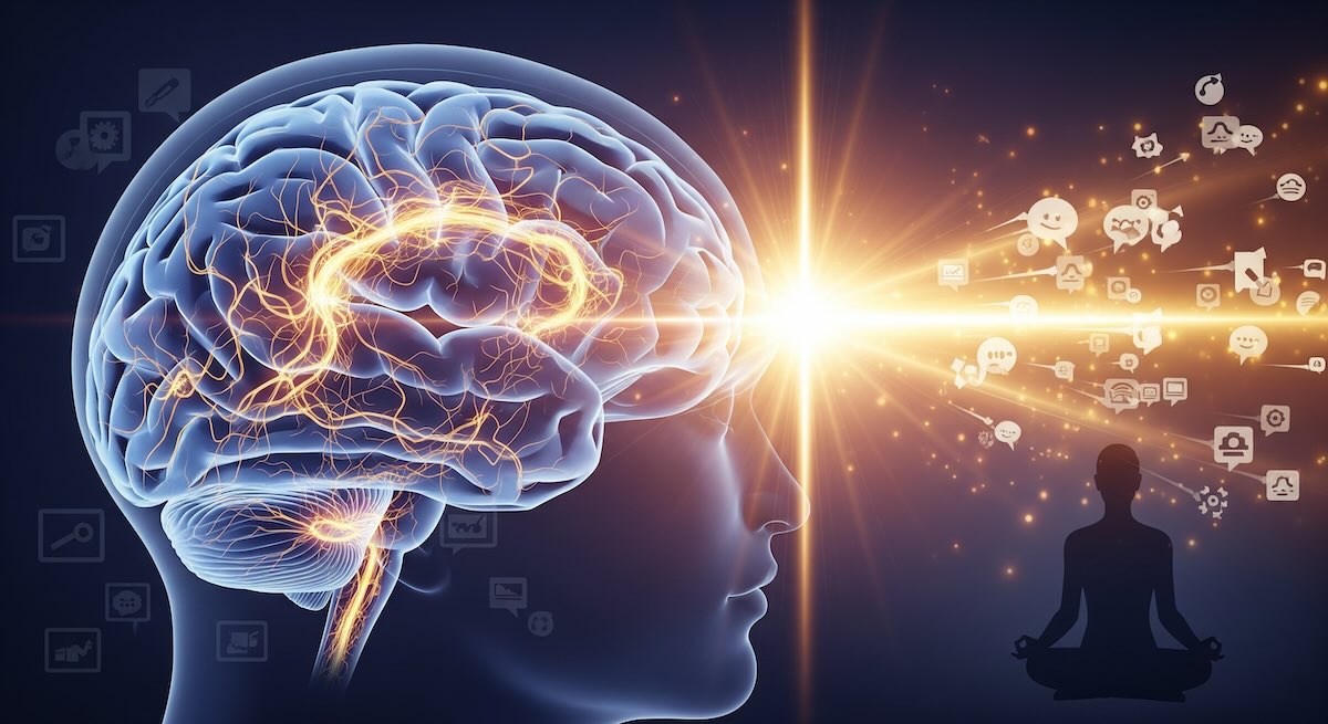 Human brain with glowing Neural connections, transforming into a bright beam of focused light, illustrating how meditation helps focus.