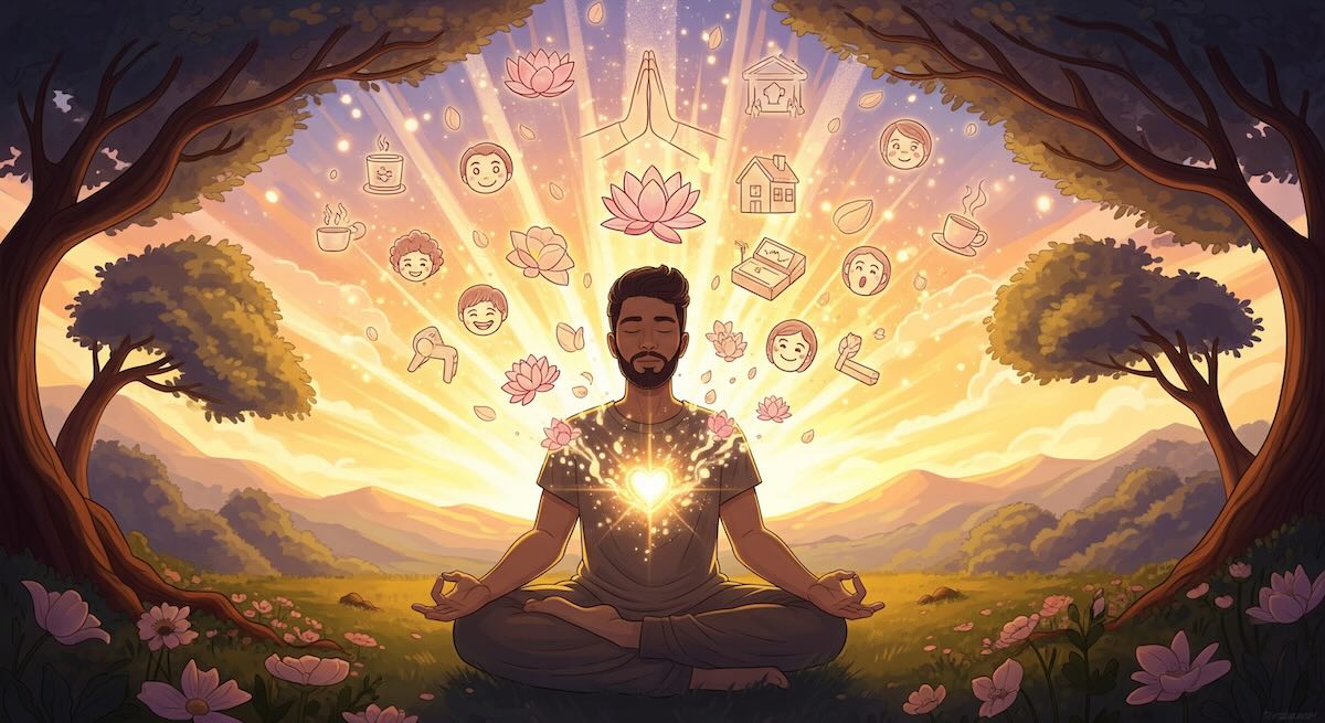 Male person practicing gratitude meditation in the nature and appreciating all things he have