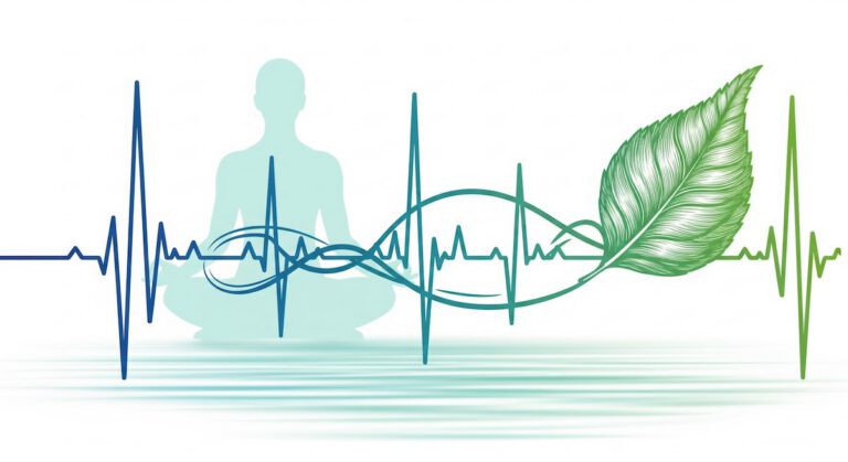 Heart rate graph and leaf symbolising meditation for high blood pressure.