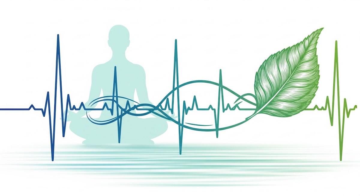 Heart rate graph and leaf symbolising meditation for high blood pressure.