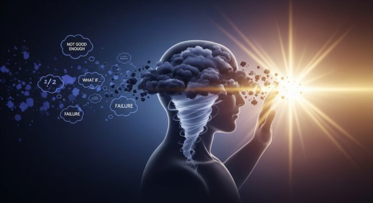 Illustration of the negative thoughts in brain and how light is pushing them away symbolising meditation for negative thoughts.