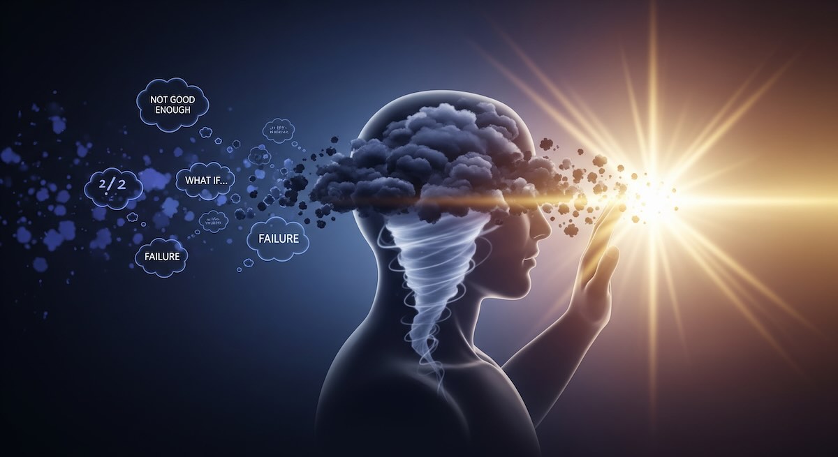 Illustration of the negative thoughts in brain and how light is pushing them away symbolising meditation for negative thoughts.