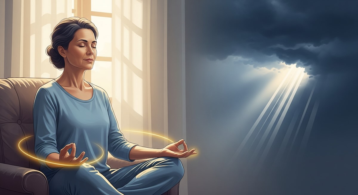 A female person sitting near the window, meditating to overcome the pain.