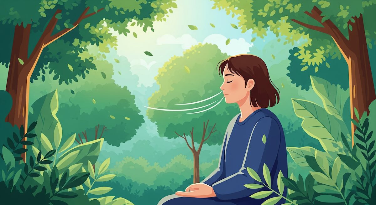 Person breathing deeply in the nature, meditating for stress relief.