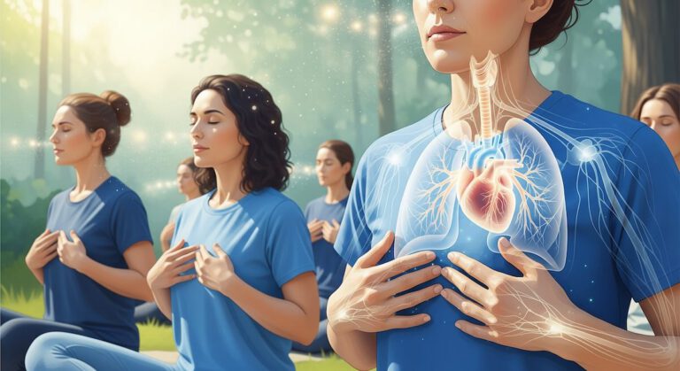 Group of people practicing meditation breathing in the nature
