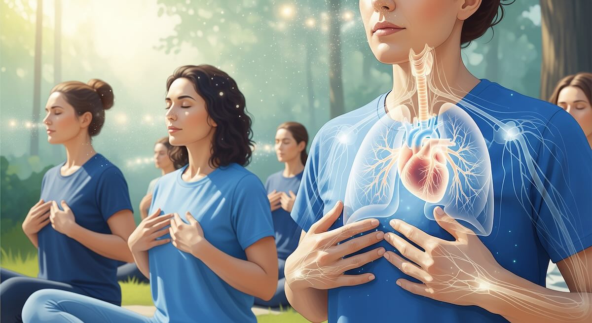 Group of people practicing meditation breathing in the nature